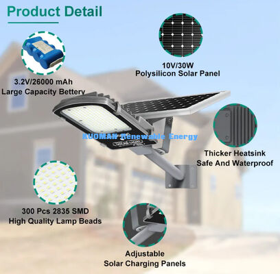 LiFePO4 Bataryalı ve Güneş Panelli IP65 Su Geçirmez 300W-500W Ayrık Güneş Sokak Lambası